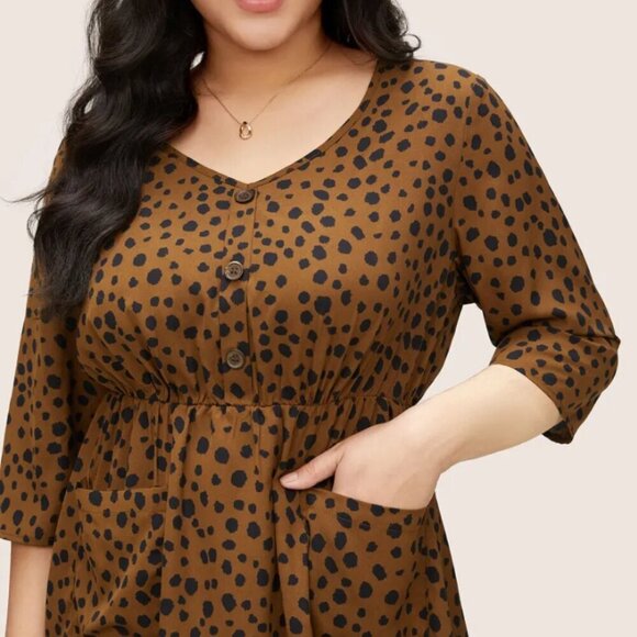 Bloomchic Leopard Elastic Waist Pocket Button Detail Dress Size L us 12 - Picture 2 of 4